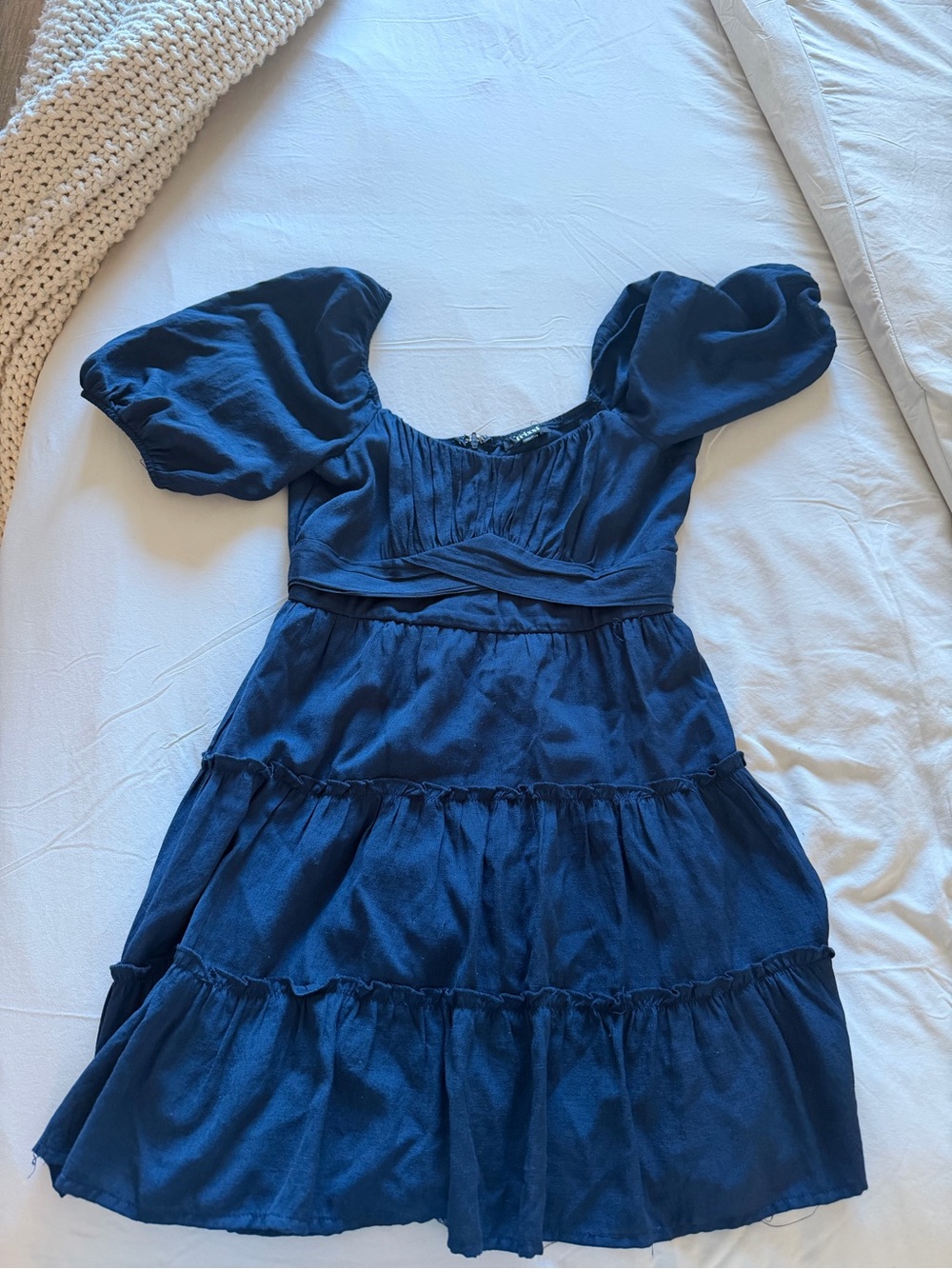 Trixxi Navy Puff-Sleeve Tiered Dress